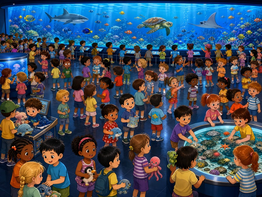 A busy seek-and-find aquarium scene