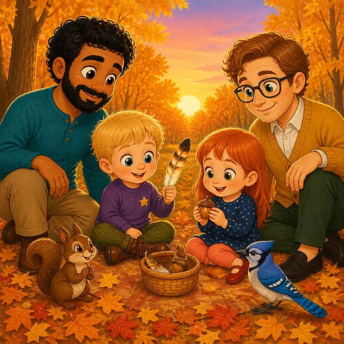 A storybook cover: two dads and their children in an autumn forest
