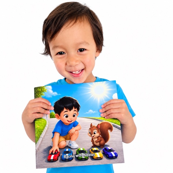 Jackson holding his printed Mom Labs storybook